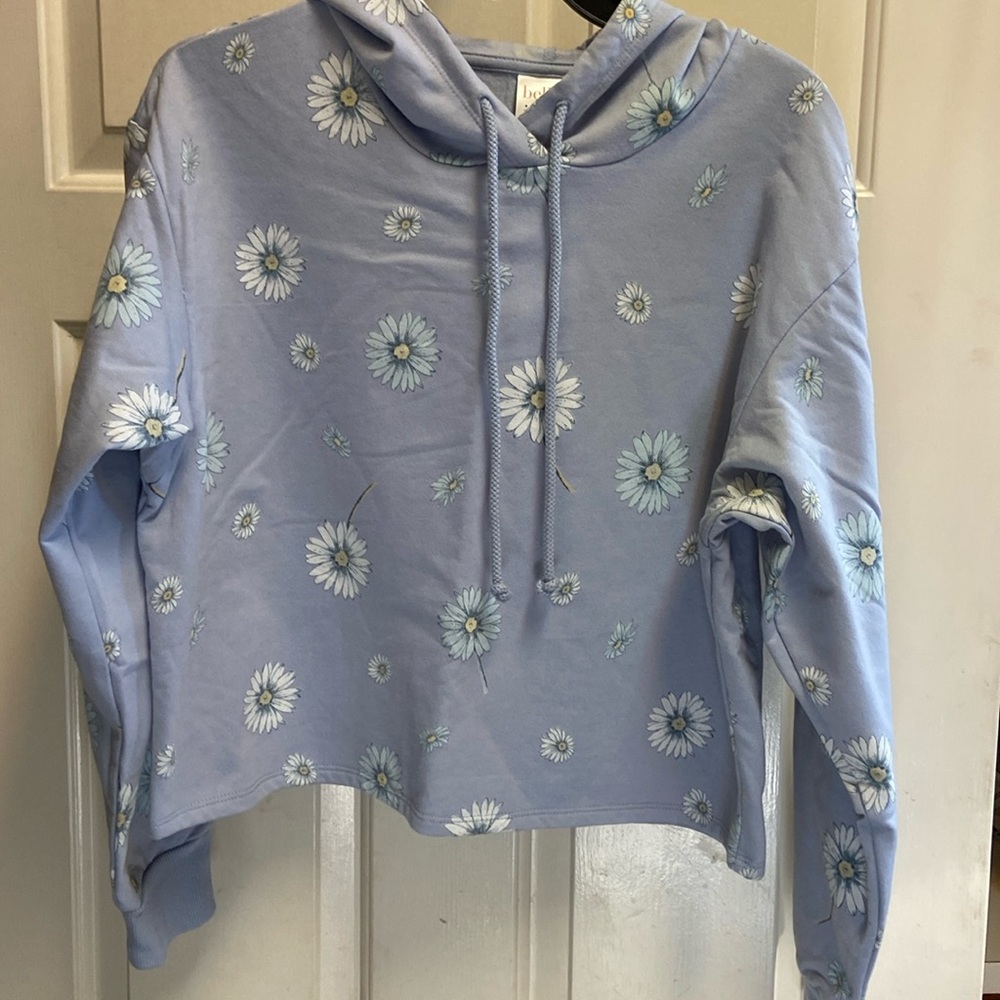 Sale! Light blue hoodie w/ daisy print, size L, by Belle Du Jour. New!